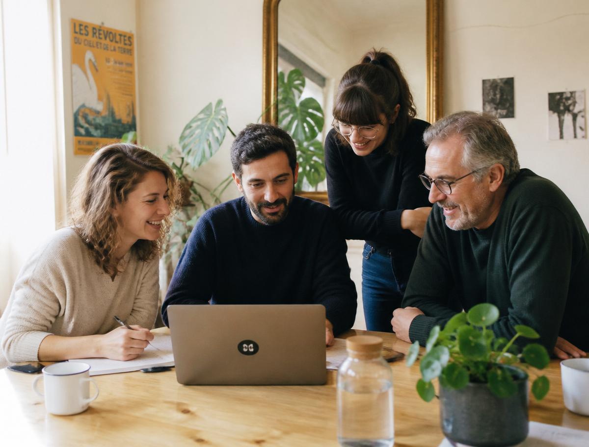 Équipe d'une petite entreprise française regardant ensemble un calendrier partagé