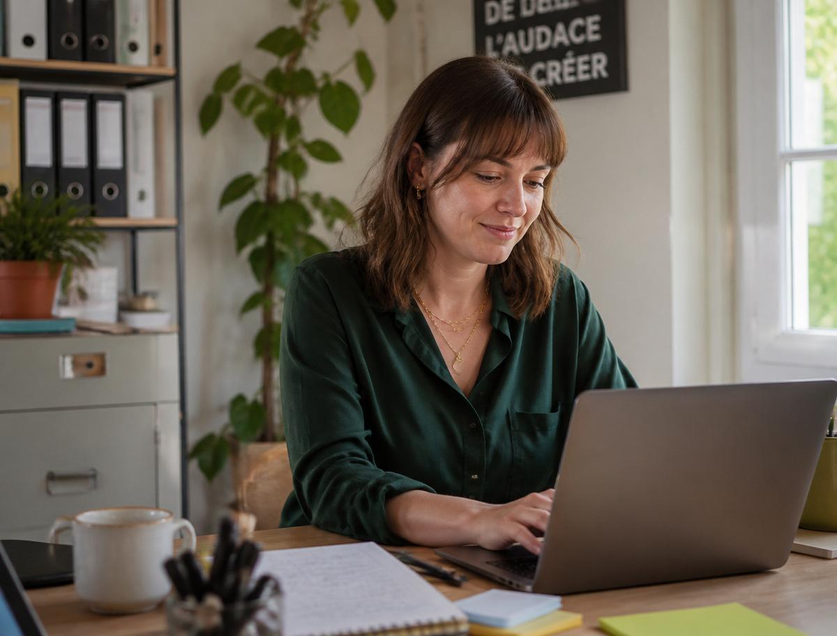 Office manager d'une TPE française saisissant une demande de congé sur son laptop