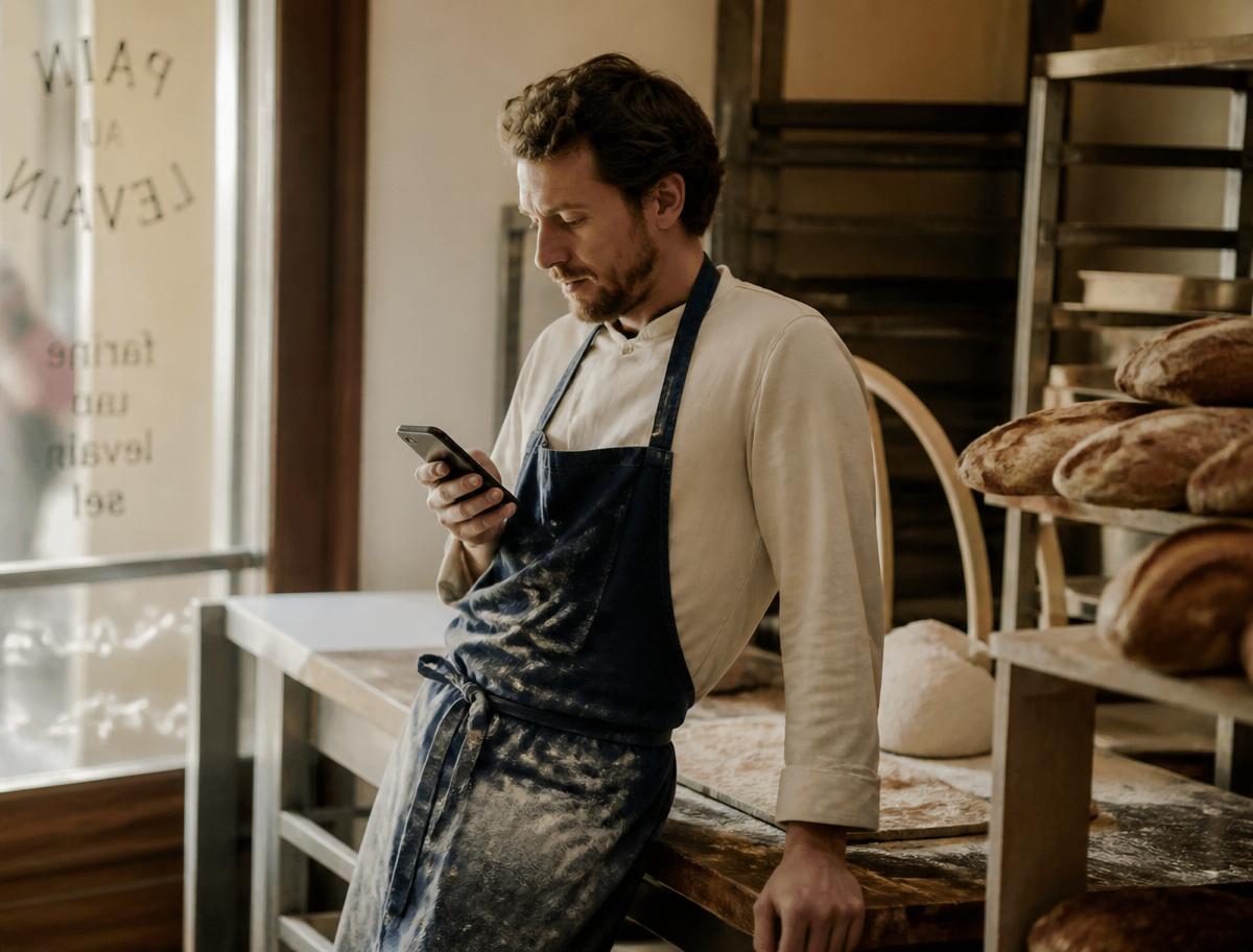 Artisan boulanger français consultant Congéo sur son smartphone dans son atelier