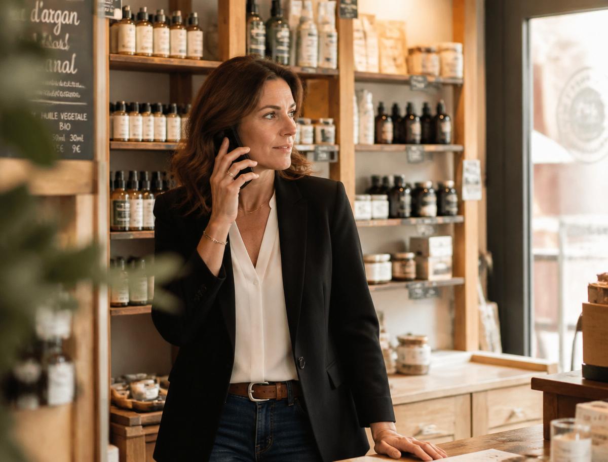 Dirigeante d'une petite boutique française consultant les congés de son équipe au téléphone